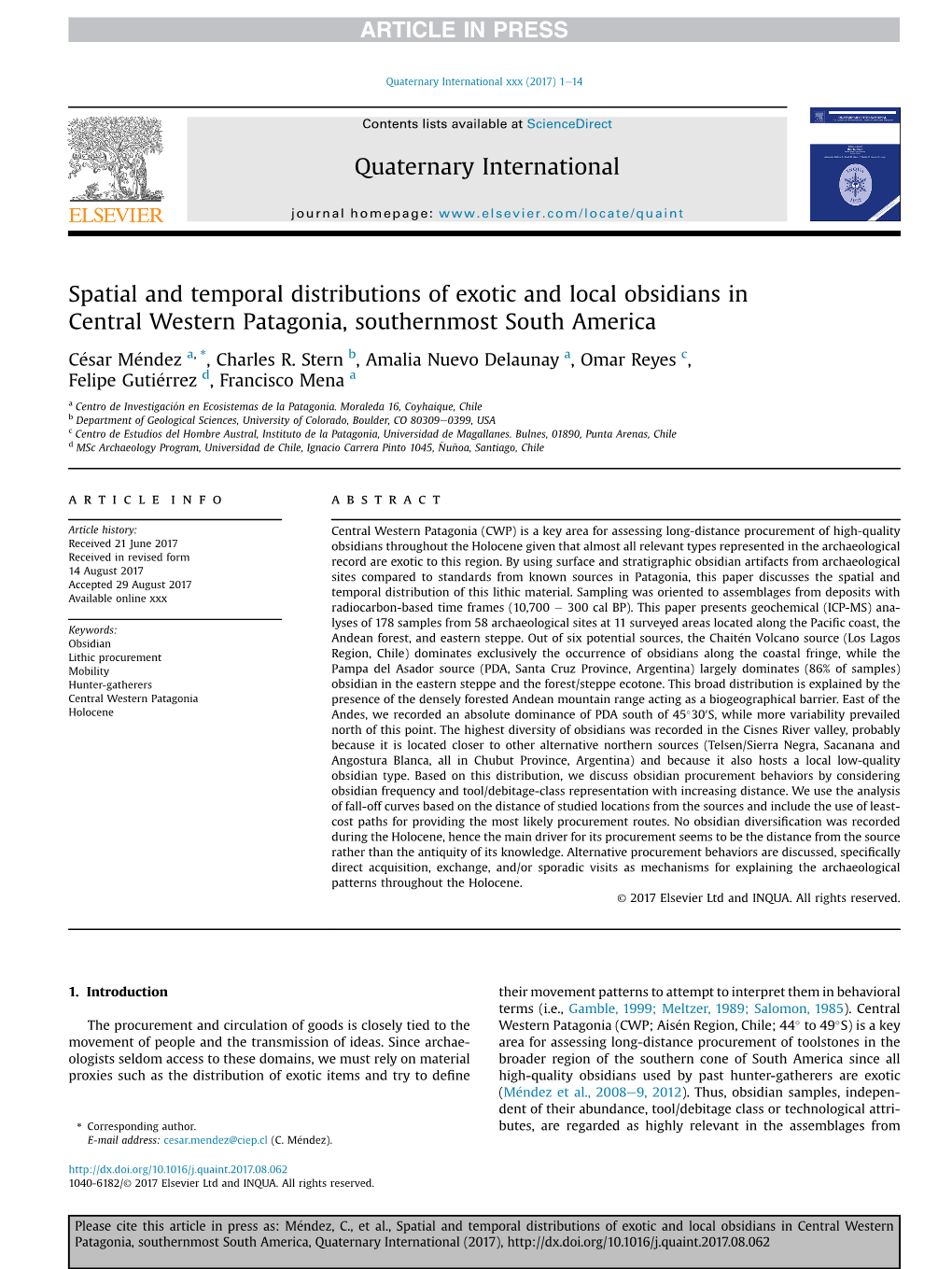 Spatial and Temporal Distributions of Exotic and Local Obsidians in Central Western Patagonia, Southernmost South America