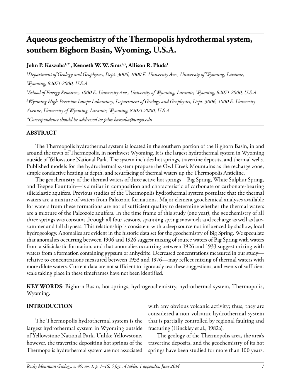 Aqueous Geochemistry of the Thermopolis Hydrothermal System, Southern Bighorn Basin, Wyoming, U.S.A