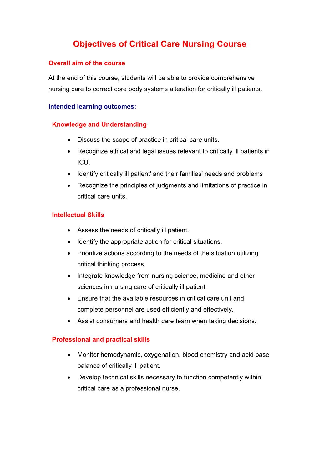 Objectives of Critical Care Nursing Course