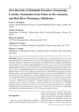 New Records of Helminth Parasites (Trematoda, Cestoda, Nematoda) from Fishes in the Arkansas and Red River Drainages, Oklahoma Chris T