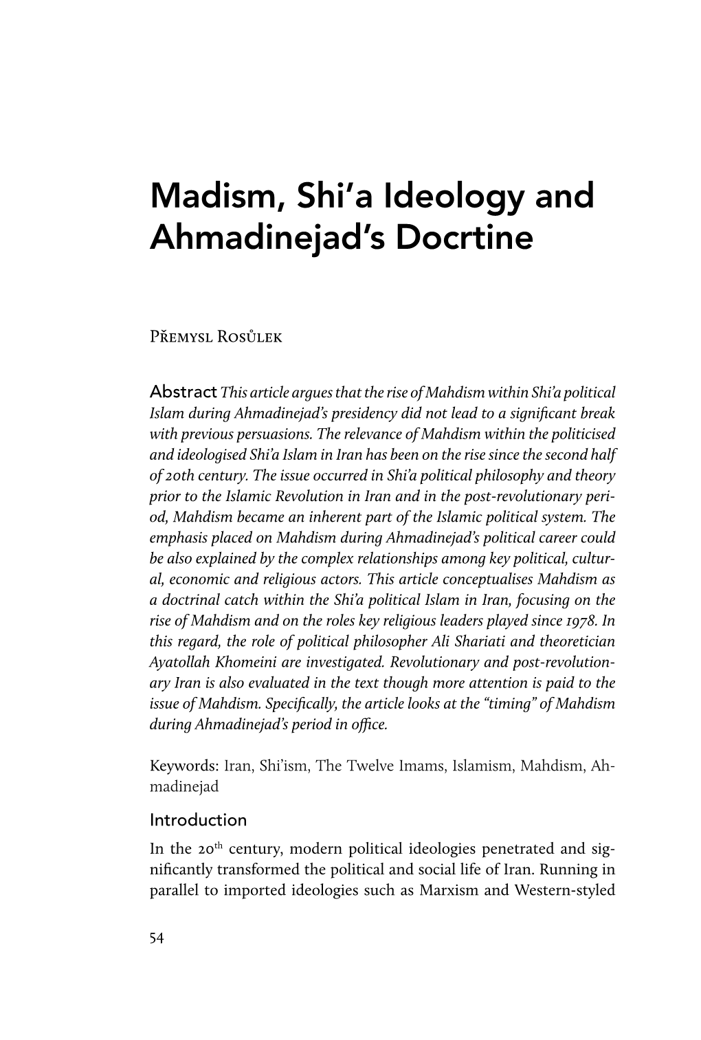 Madism, Shi'a Ideology and Ahmadinejad's Docrtine