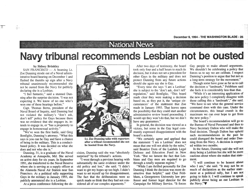 Navy Tribunal Recommends Lesbian Not Be Ousted by Sidney Brinkley After Two Days of Testimony, the Board Gay People to Make Absurd Arguments