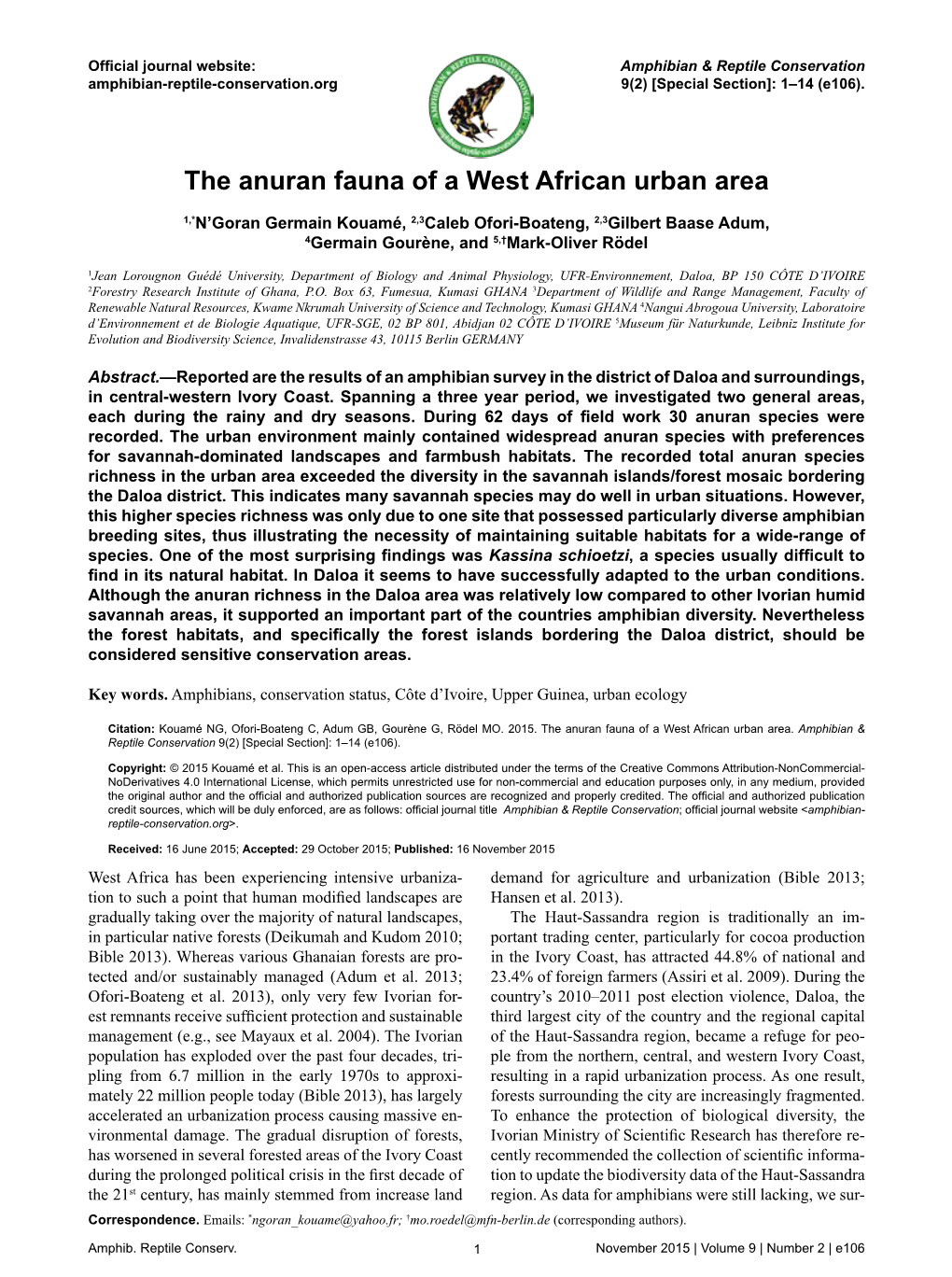 The Anuran Fauna of a West African Urban Area