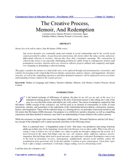 The Creative Process, Memoir, and Redemption Lawrence Karn, Otsuma Women’S University, Japan Takahiko Hattori, Otsuma Women’S University, Japan