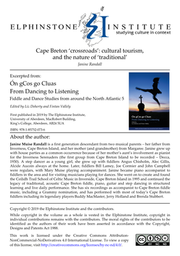 Cape Breton ‘Crossroads’: Cultural Tourism, and the Nature of ‘Traditional’ Janine Randall