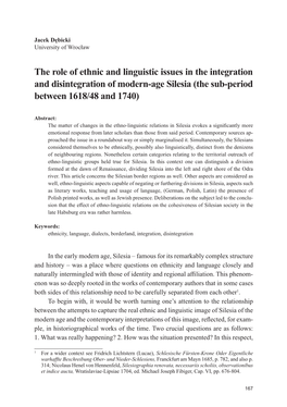 The Role of Ethnic and Linguistic Issues in the Integration and Disintegration of Modern-Age Silesia (The Sub-Period Between 1618/48 and 1740)
