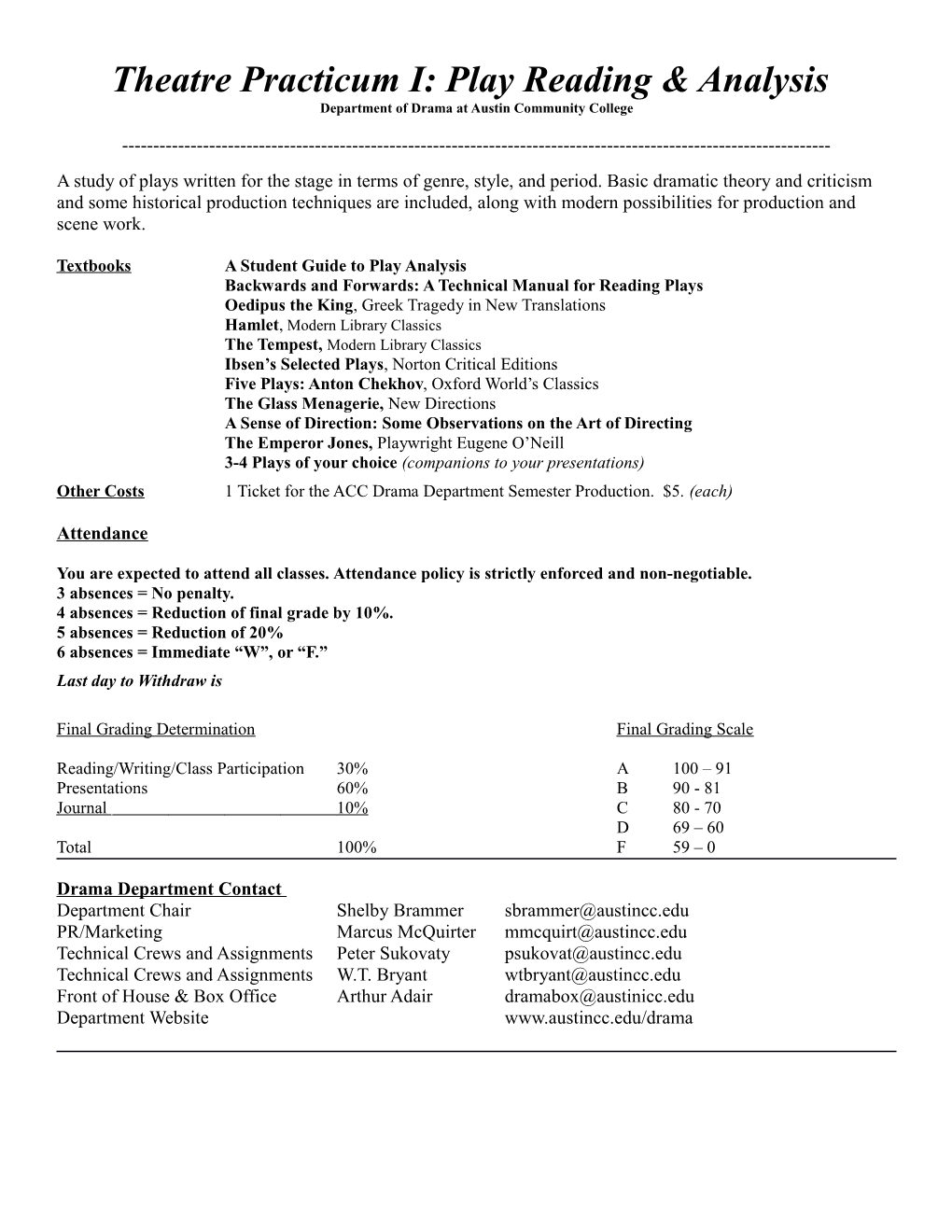 Theatre Practicum I: Play Reading & Analysis