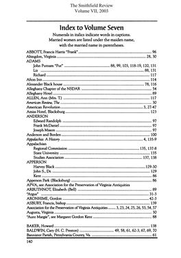 The Smithfield Review, Volume VII, 2003, Index