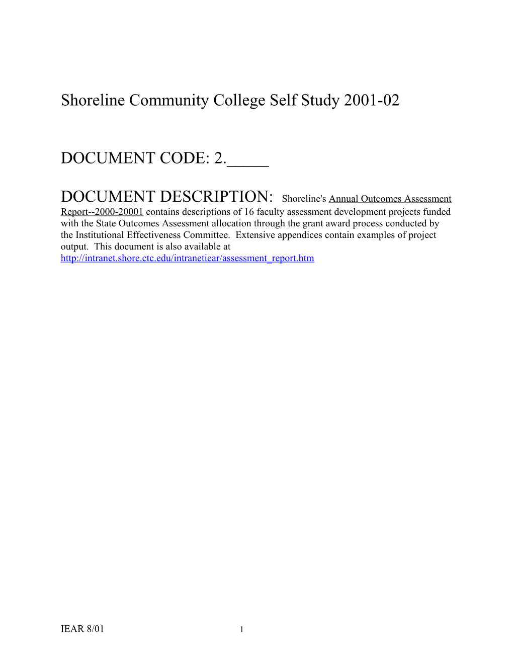 Annual Outcomes Assessment Report 2000-01 s1