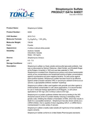 Streptomycin Sulfate PRODUCT DATA SHEET Issue Date 01/06/2020