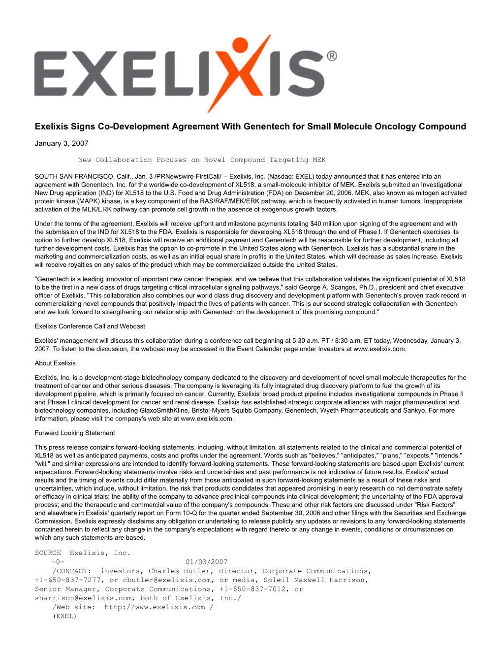 Exelixis Signs Co-Development Agreement with Genentech for Small Molecule Oncology Compound