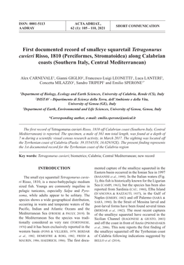 First Documented Record of Smalleye Squaretail Tetragonurus Cuvieri Risso, 1810 (Perciformes, Stromatoidea) Along Calabrian Coas