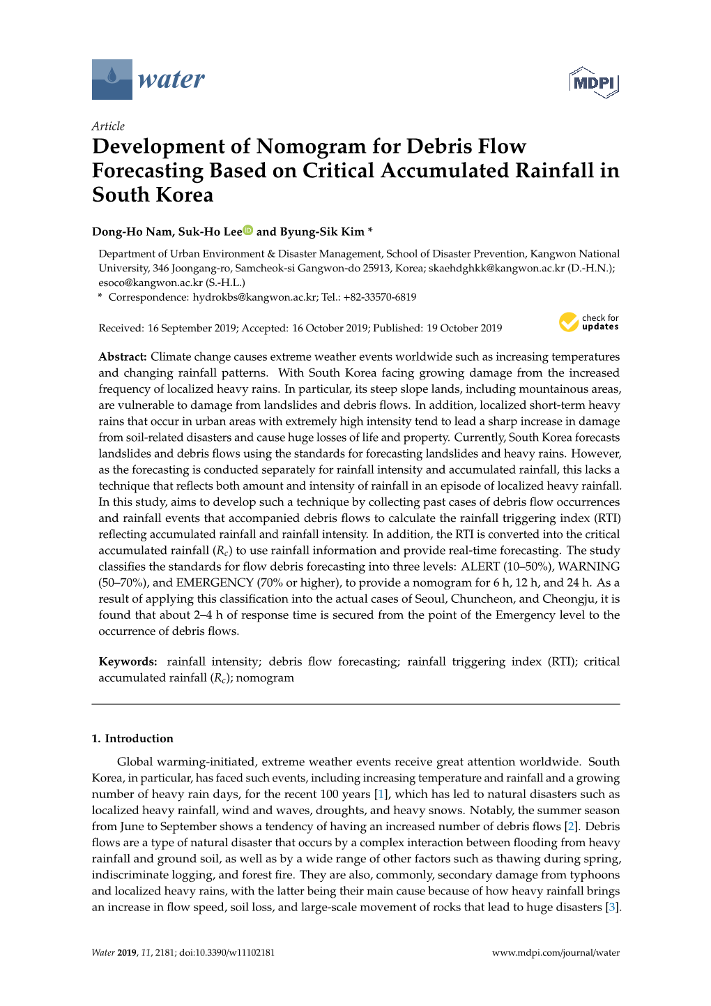 Development of Nomogram for Debris Flow Forecasting Based on Critical Accumulated Rainfall in South Korea