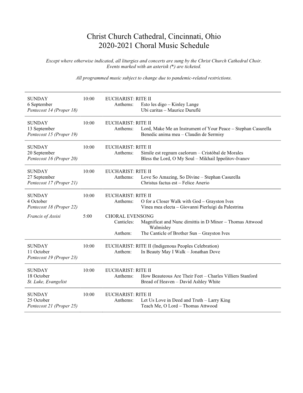 Christ Church Cathedral, Cincinnati, Ohio 2020-2021 Choral Music Schedule