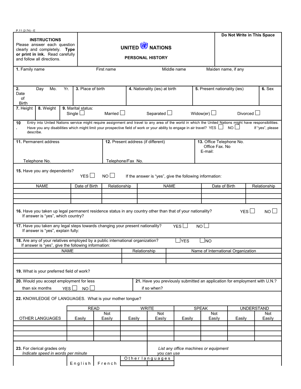 Personal History P11 Form