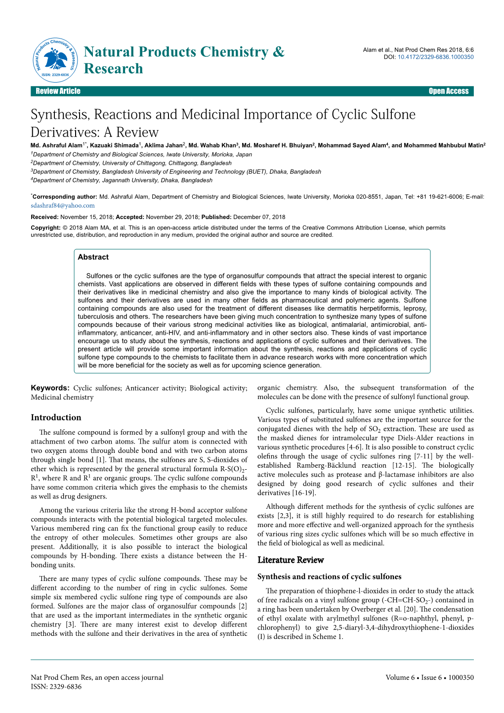 Synthesis, Reactions and Medicinal Importance of Cyclic Sulfone Derivatives: a Review Md