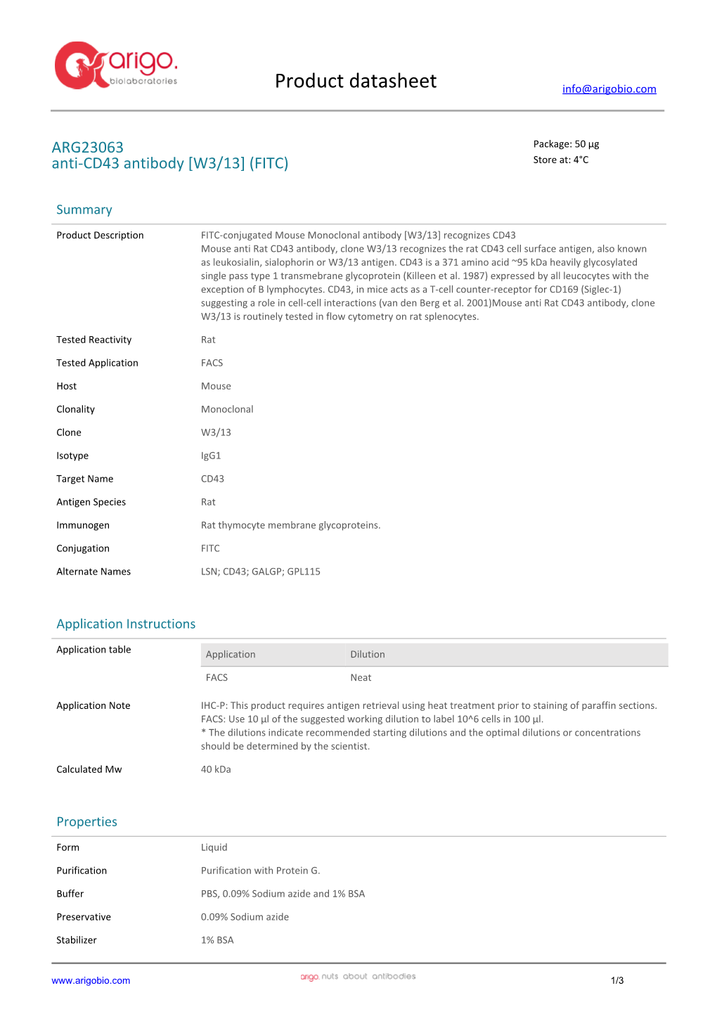 Anti-CD43 Antibody [W3/13] (FITC) (ARG23063)