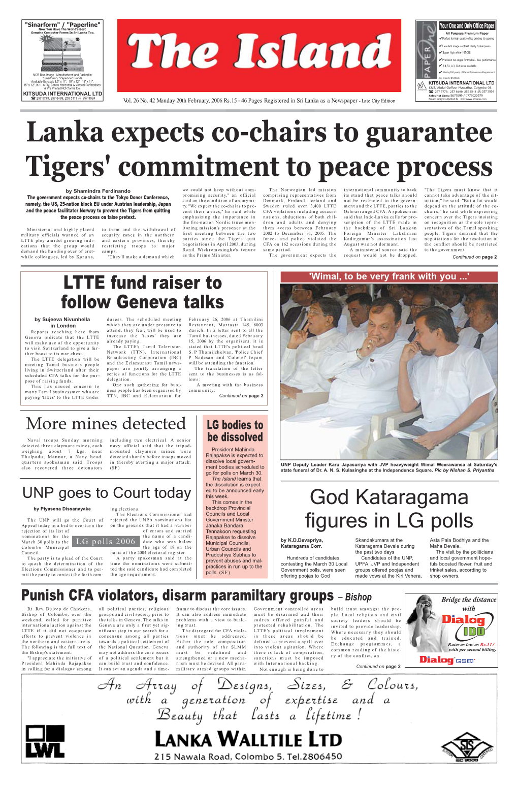 Lanka Expects Co-Chairs to Guarantee Tigers' Commitment to Peace Process