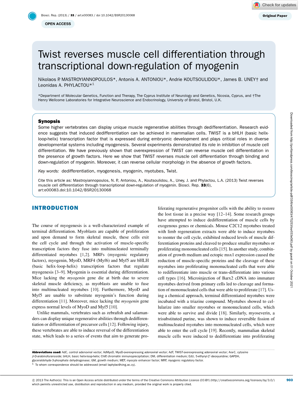 Twist Reverses Muscle Cell Differentiation Through Transcriptional Down-Regulation of Myogenin