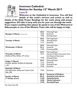 Inverness Cathedral Notices for Sunday 12Th March 2017 Lent II Welcome to the Cathedral in Inverness