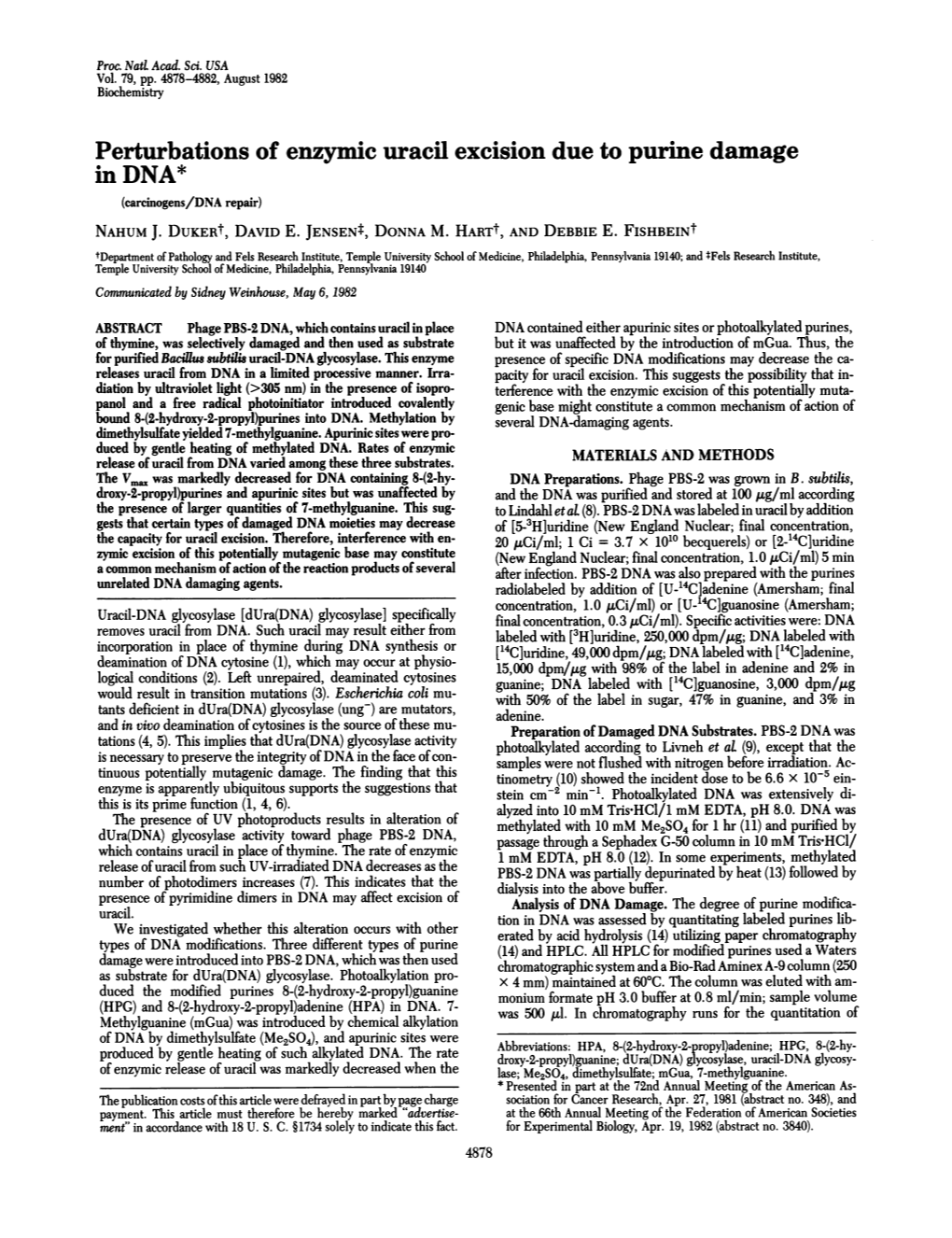 Perturbations of Enzymic Uracil Excision Due to Purine Damage in DNA* (Carcinogens/DNA Repair) NAHUM J