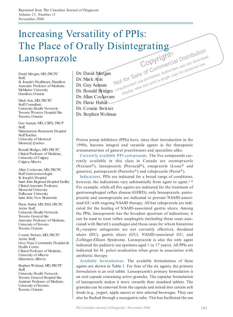 Increasing Versatility of Ppis: the Place of Orally Disintegrating Lansoprazole © Copyright David Morgan, MD, FRCPC Dr