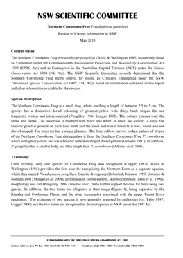 Northern Corroboree Frog Pseudophryne Pengilleyi Review of Current Information in NSW May 2010