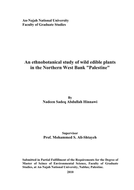 An Ethnobotanical Study of Wild Edible Plants in the Northern West Bank "Palestine"