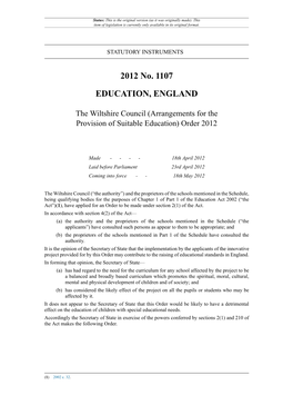 The Wiltshire Council (Arrangements for the Provision of Suitable Education) Order 2012