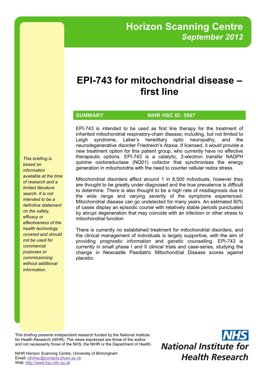 EPI-743 for Mitochondrial Disease – First Line