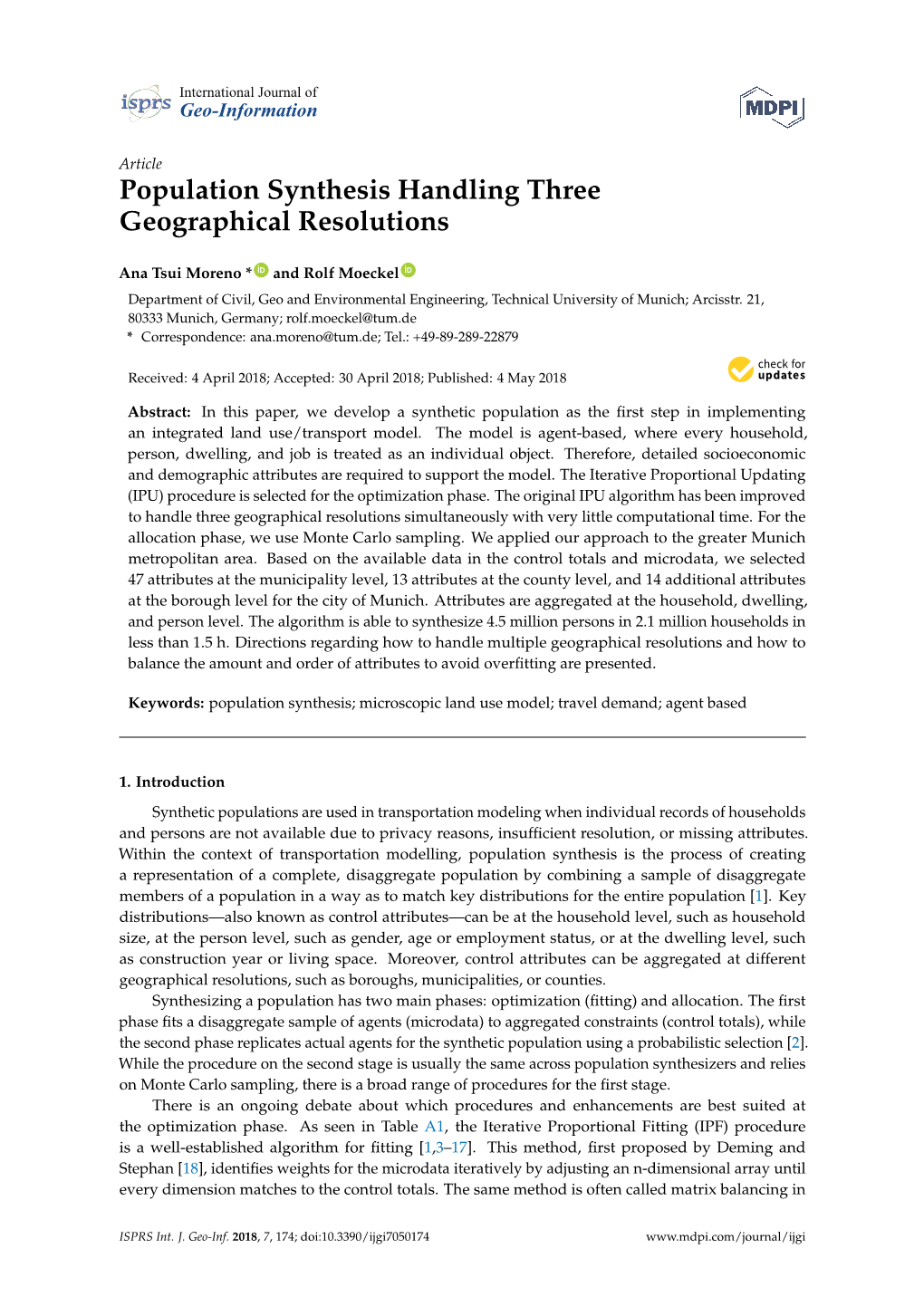 Population Synthesis Handling Three Geographical Resolutions