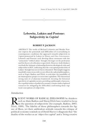 Lebowitz, Lukács and Postone: Subjectivity in Capital