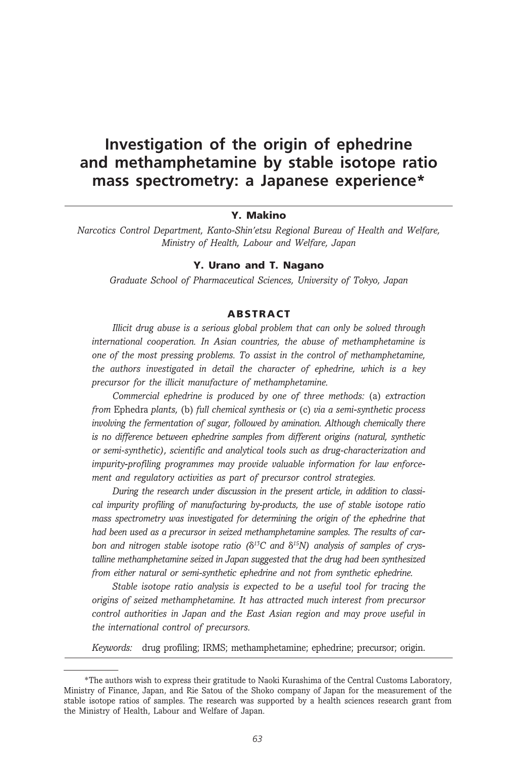 Investigation of the Origin of Ephedrine and Methamphetamine by Stable Isotope Ratio Mass Spectrometry: a Japanese Experience*