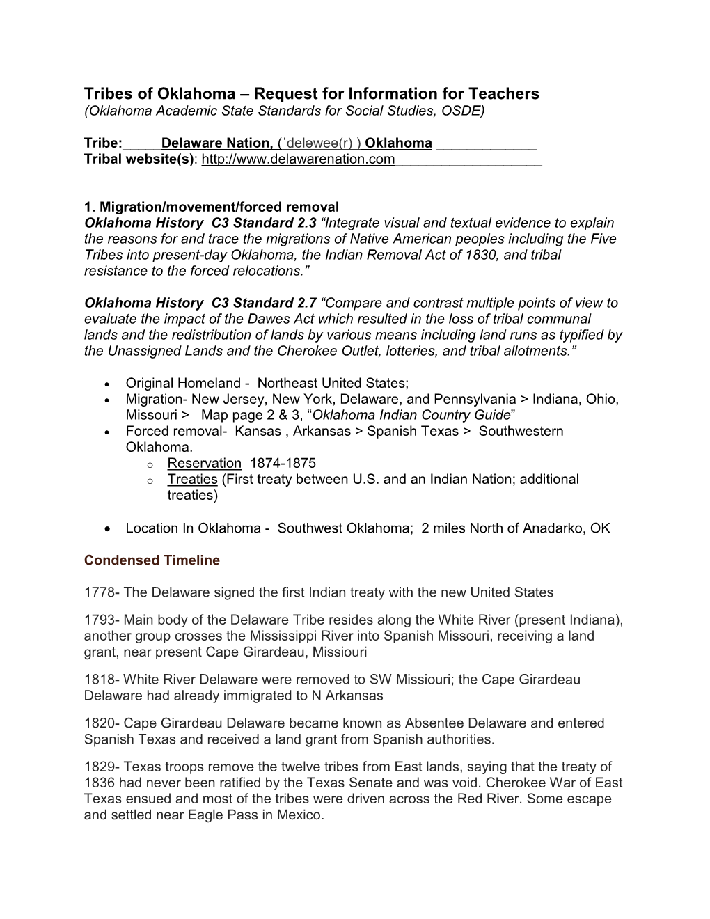 Tribes of Oklahoma – Request for Information for Teachers (Oklahoma Academic State Standards for Social Studies, OSDE)