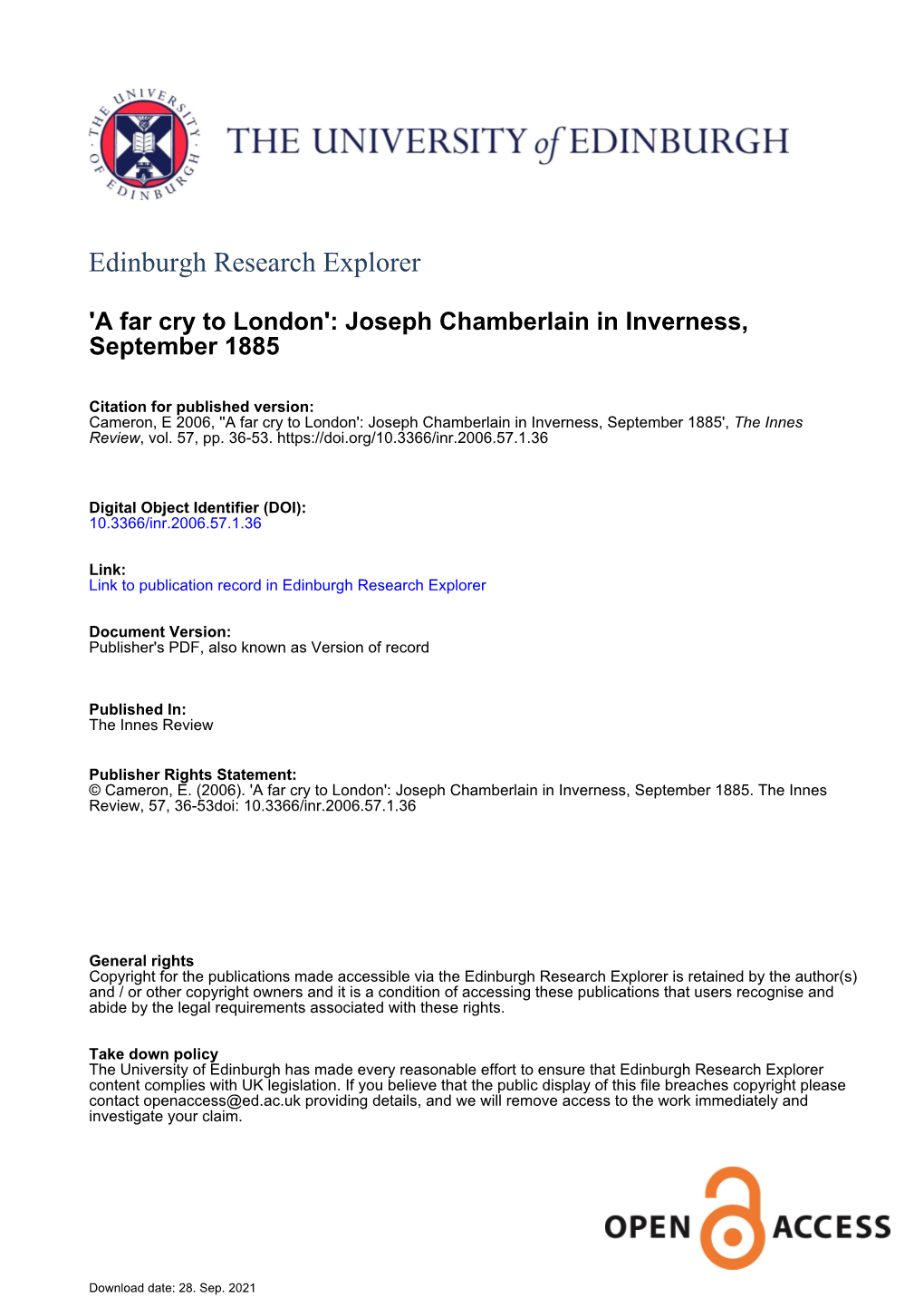 Joseph Chamberlain in Inverness, September 1885. the Innes Review, 57, 36-53Doi: 10.3366/Inr.2006.57.1.36