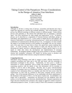 Privacy Considerations in the Design of Attentive User Interfaces Jeffrey S