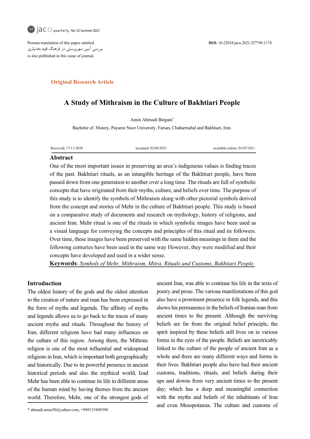 A Study of Mithraism in the Culture of Bakhtiari People