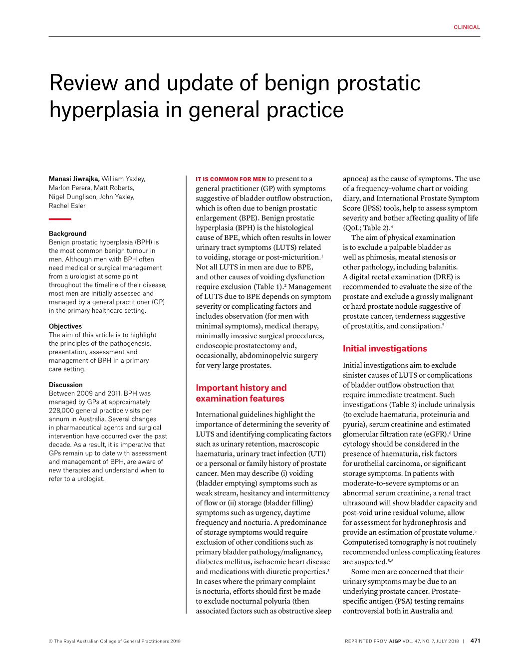 Review and Update of Benign Prostatic Hyperplasia in General Practice