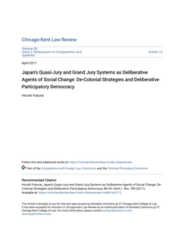 Japan's Quasi-Jury and Grand Jury Systems As Deliberative Agents of Social Change: De-Colonial Strategies and Deliberative Participatory Democracy