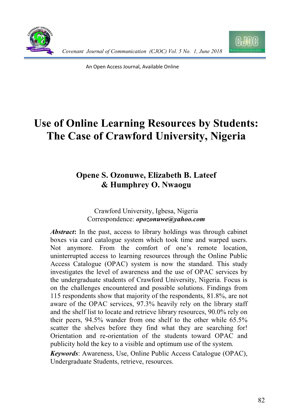 Use of Online Learning Resources by Students: the Case of Crawford University, Nigeria