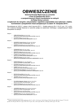 OBWIESZCZENIE Gminnej Komisji Wyborczej W Leoncinie Z Dnia 23 Października 2014 R