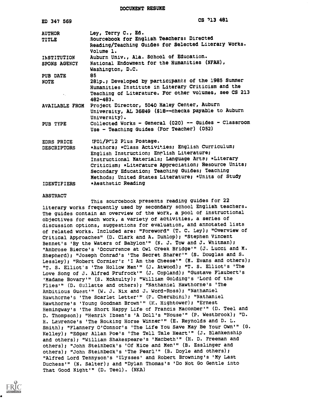 DOCUMENT RESUME ED 347 569 CS /13 481 AUTHOR TITLE Sourcebook for English Teachers