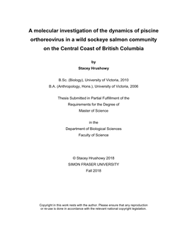 A Molecular Investigation of the Dynamics of Piscine Orthoreovirus in a Wild Sockeye Salmon Community on the Central Coast of British Columbia