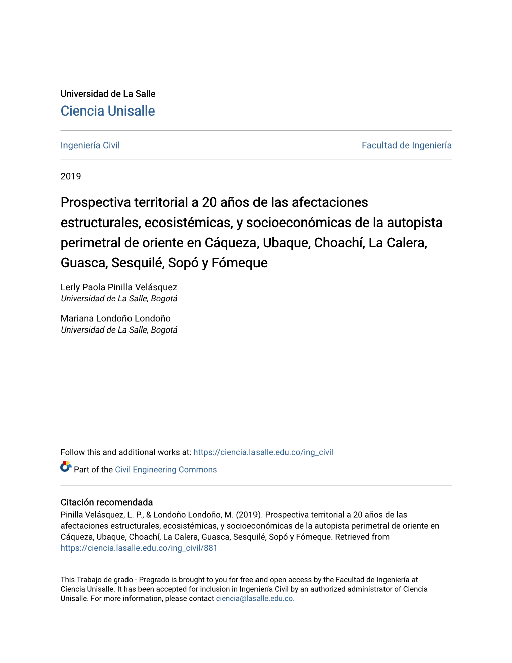 Prospectiva Territorial a 20 Años De Las Afectaciones Estructurales, Ecosistémicas, Y Socioeconómicas De La Autopista Perimet