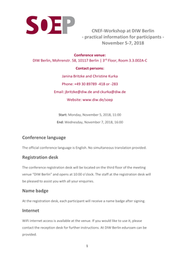 CNEF-Workshop at DIW Berlin - Practical Information for Participants - November 5-7, 2018