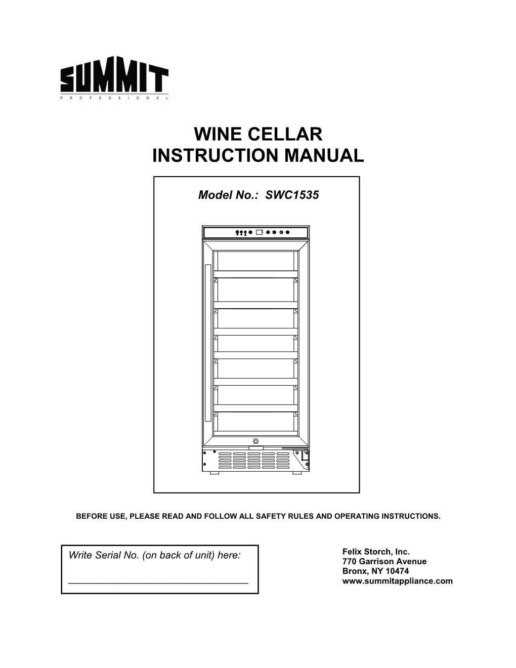 Wine Cellar Instruction Manual