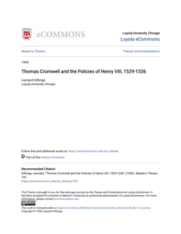 Thomas Cromwell and the Policies of Henry VIII, 1529-1536