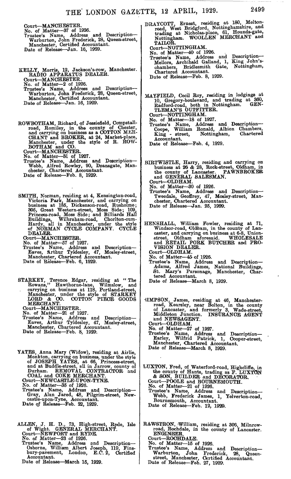 THE' LONDON GAZETTE, 12 APRIL, 1929. 2499 DRAYCOTT, Ernest, Residing at 180, Melton- Court—MANCHESTER