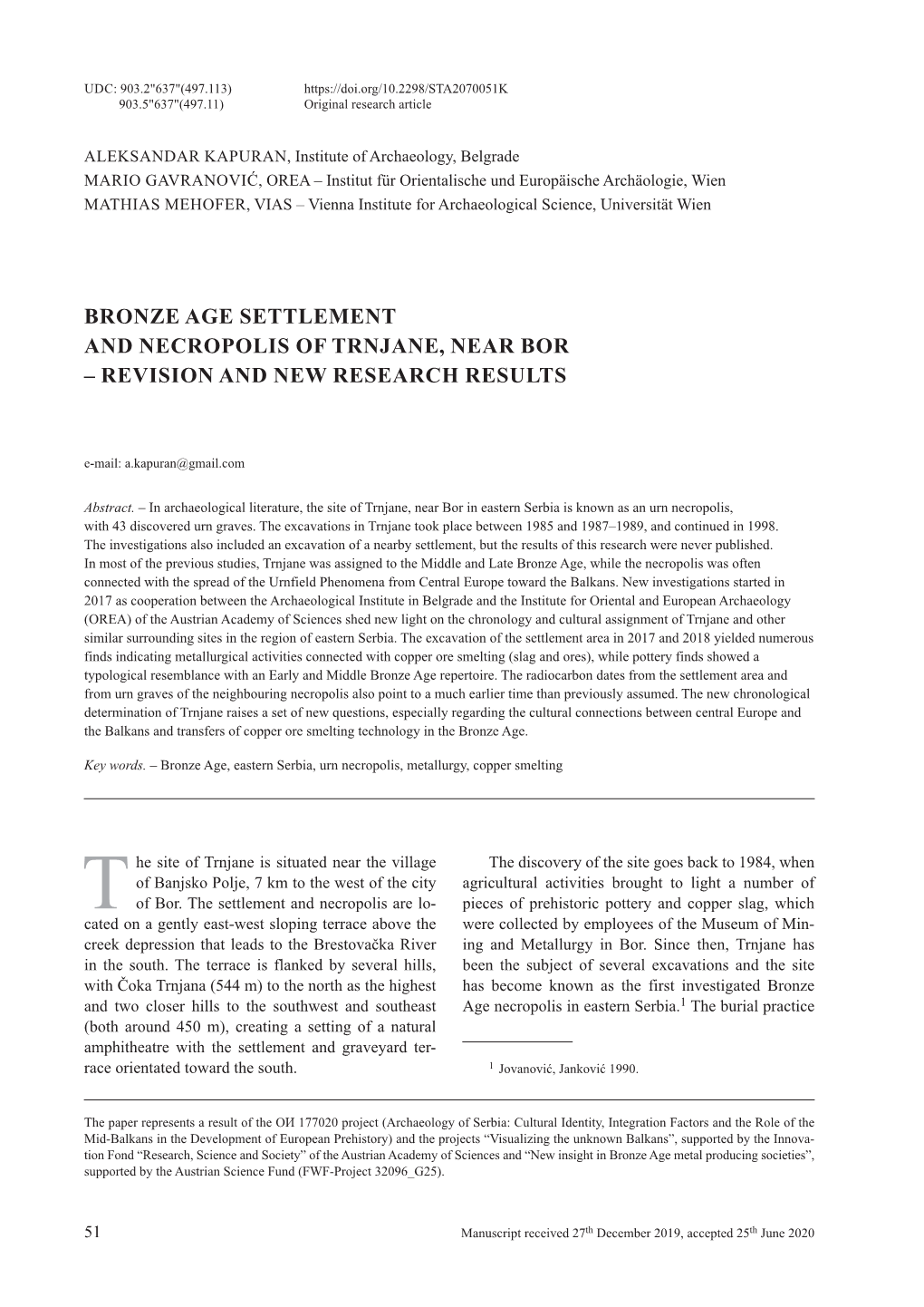 Bronze Age Settlement and Necropolis of Trnjane, Near Bor – Revision and New Research Results