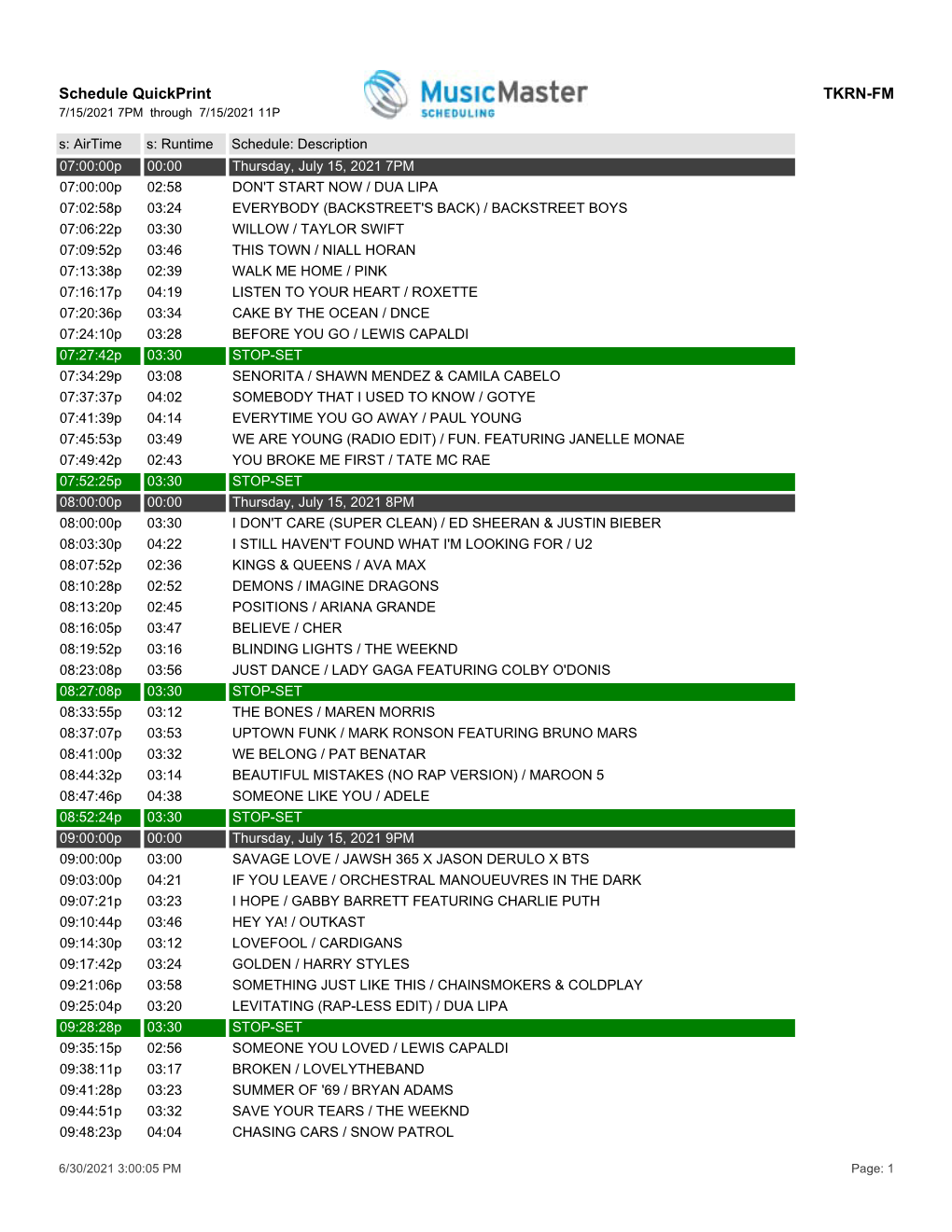 Schedule Quickprint TKRN-FM